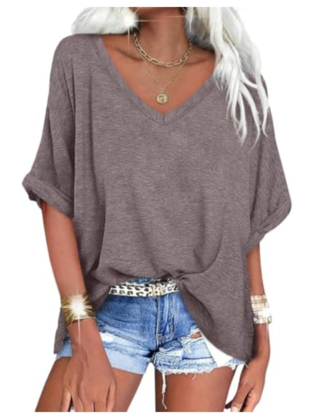 Women's V-Neck Oversized T-Shirt Short Sleeve Loose Casual Summer Top